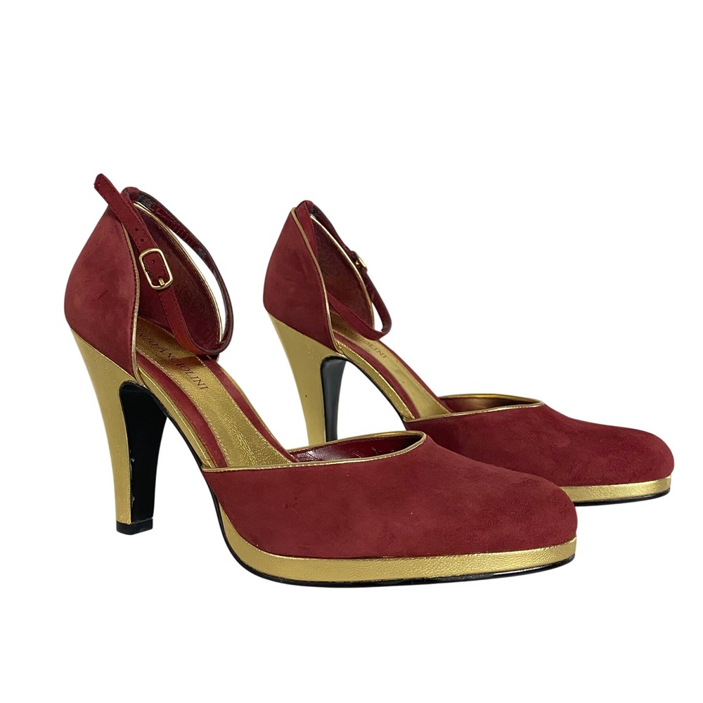 Enzo Angiolini Women's Heels, Red Suede Ankle‎ Strap, Gold Trim, Party Evening